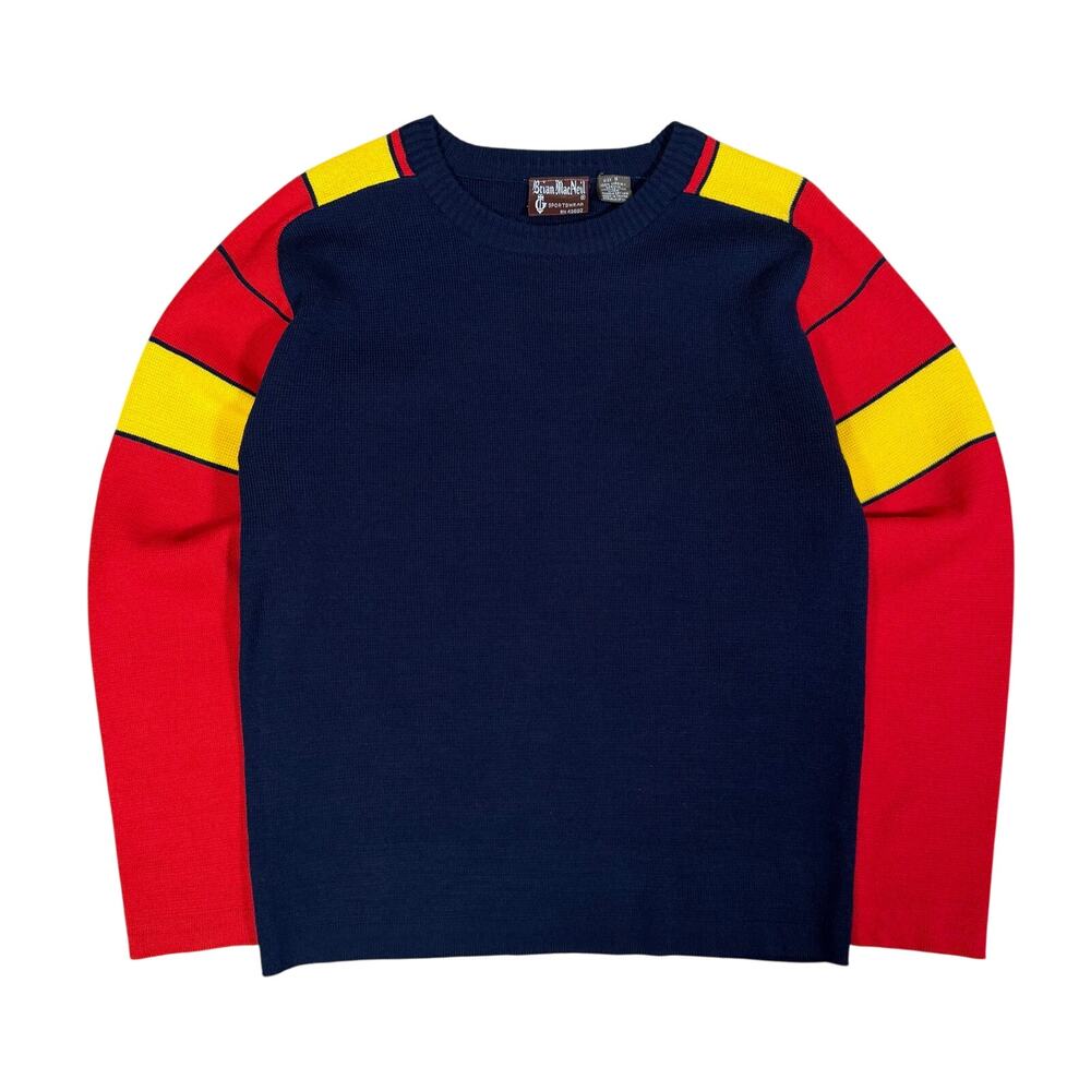 Vintage 80s Color Block Acrylic Sweater Navy Red Yellow Size S Made in Taiwan